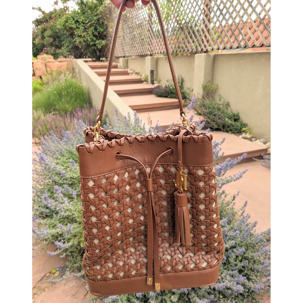 Lauren Ralph Lauren Woven Leather Bucket Bag Field Brown Diana Portwood Tote - Picture 2 of 16